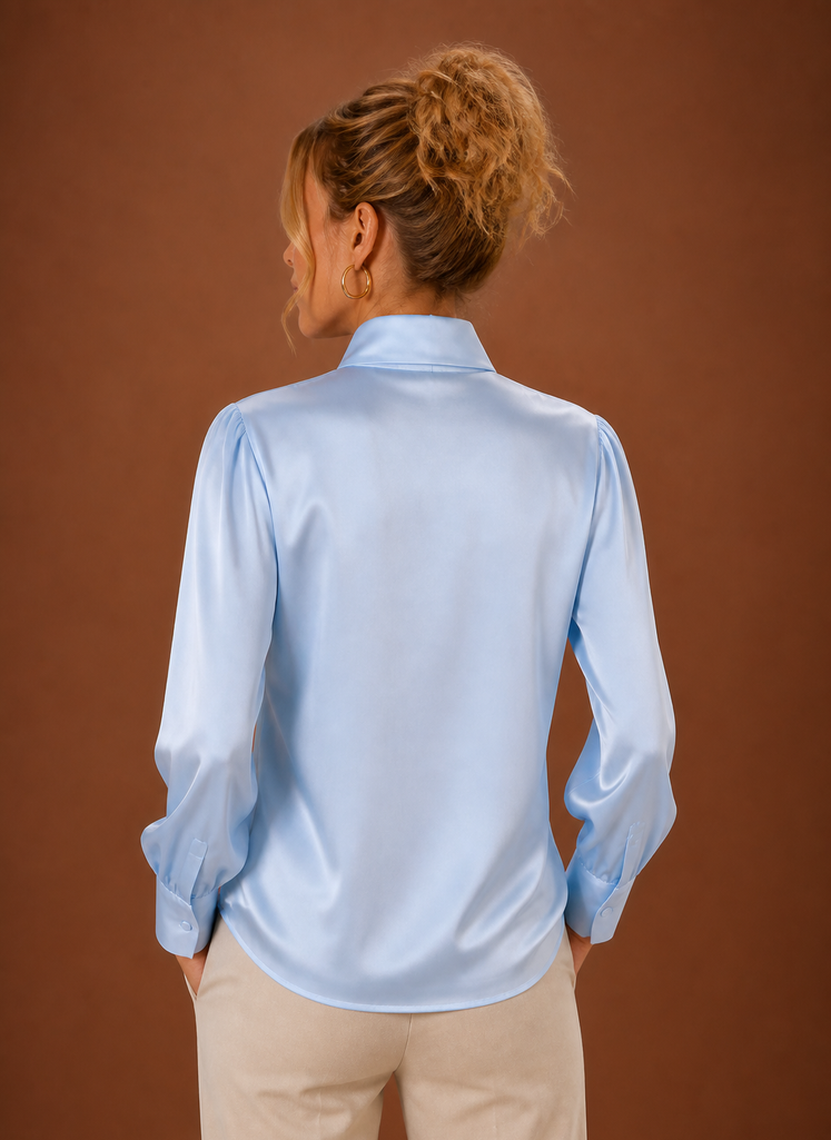 Women's Satin Blouse with Bow Tie Neck and Long Cuff Sleeves