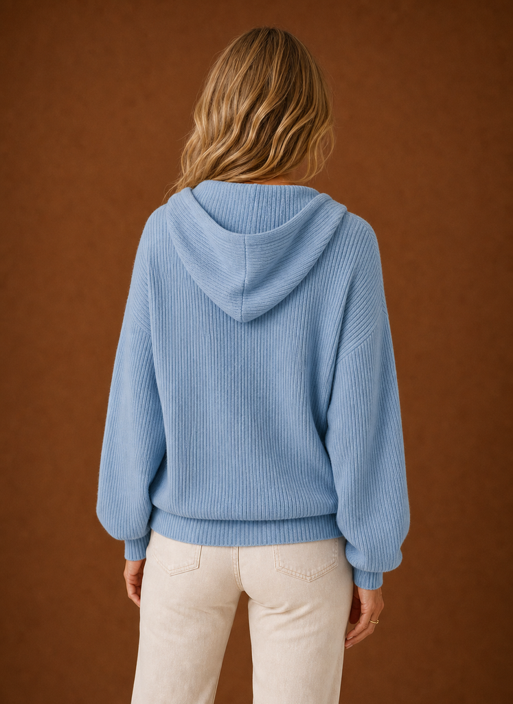 Women's Ribbed Knit Hooded Cardigan with Button Front and Long Sleeves