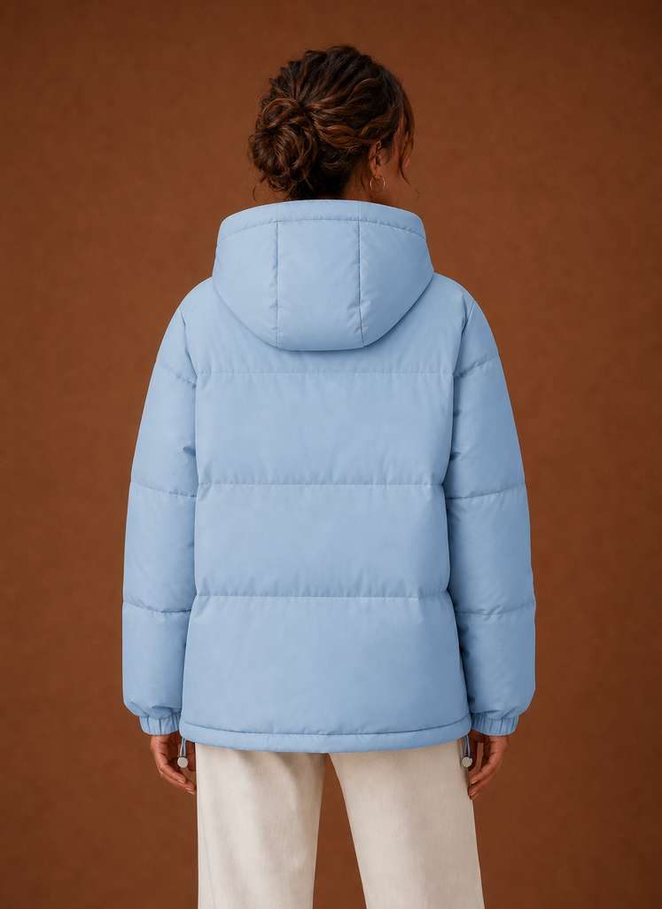 Women's Hooded Puffer Jacket with Snap Button Front and Pockets