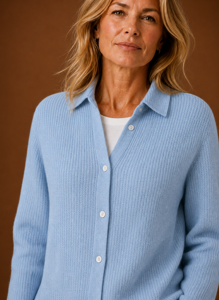 Women's Button Front Knit Cardigan with Collared Neck and Ribbed Trim