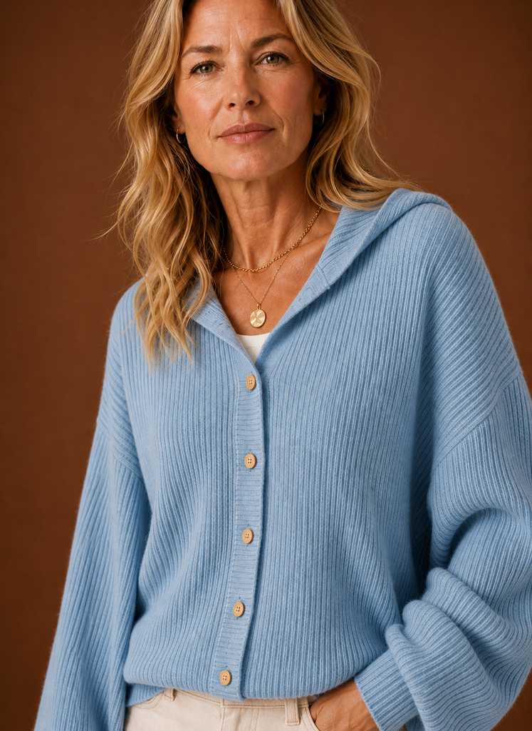Women's Ribbed Knit Hooded Cardigan with Button Front and Long Sleeves