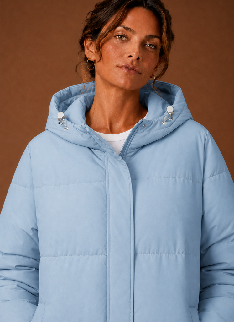 Women's Hooded Puffer Jacket with Snap Button Front and Pockets