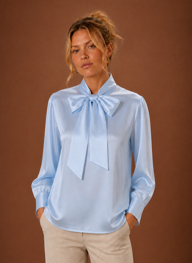 Women's Satin Blouse with Bow Tie Neck and Long Cuff Sleeves