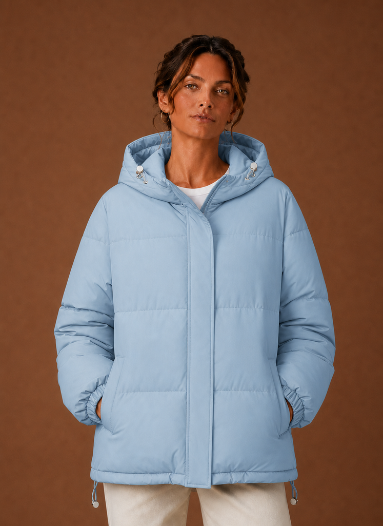 Women's Hooded Puffer Jacket with Snap Button Front and Pockets