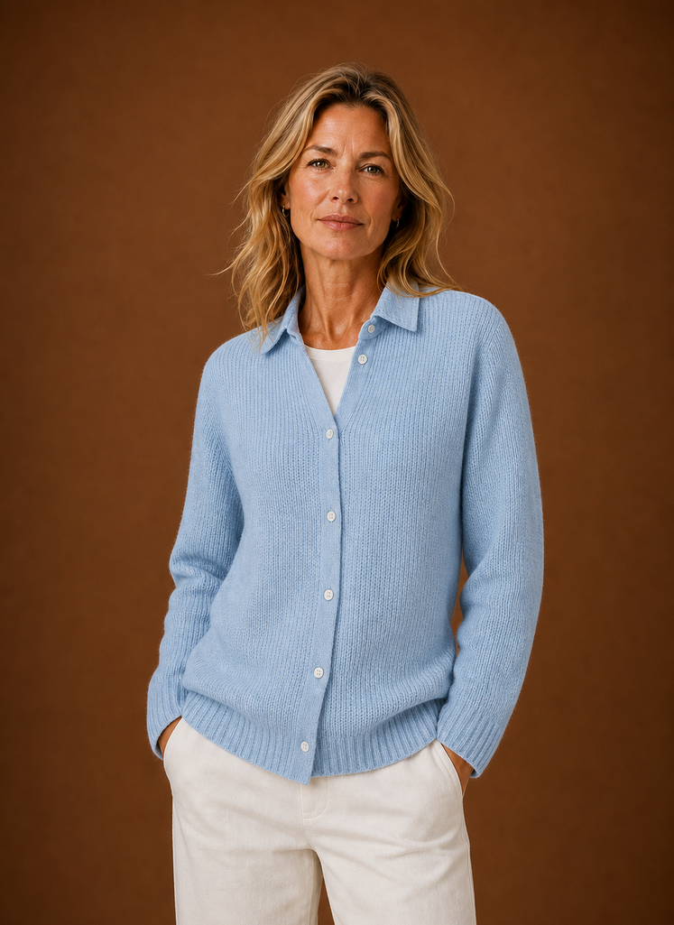 Women's Button Front Knit Cardigan with Collared Neck and Ribbed Trim