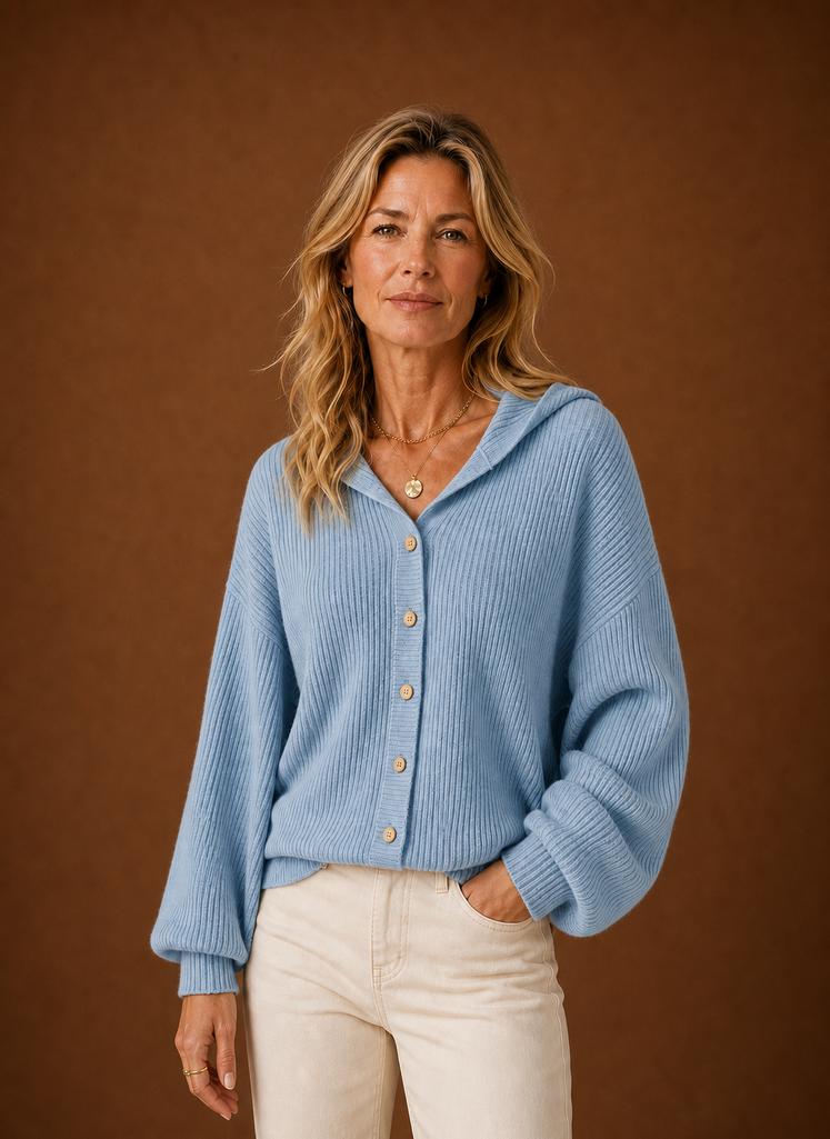 Women's Ribbed Knit Hooded Cardigan with Button Front and Long Sleeves