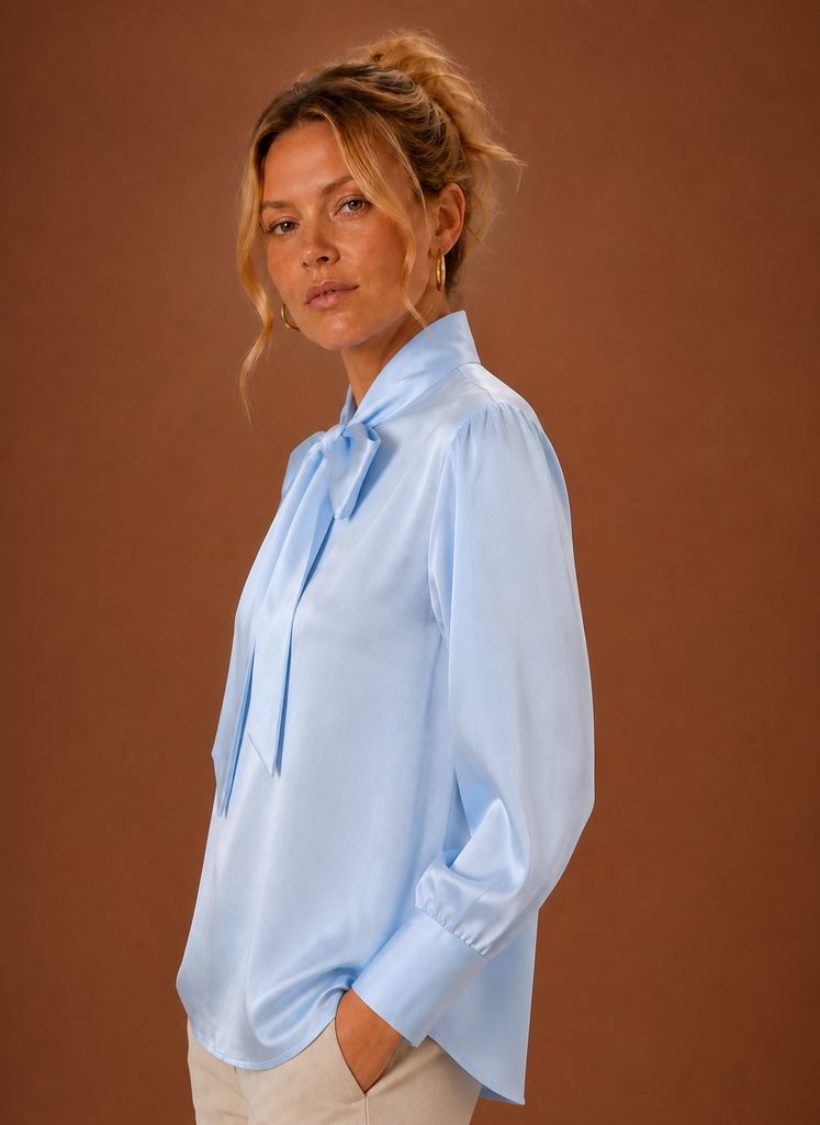 Women's Satin Blouse with Bow Tie Neck and Long Cuff Sleeves
