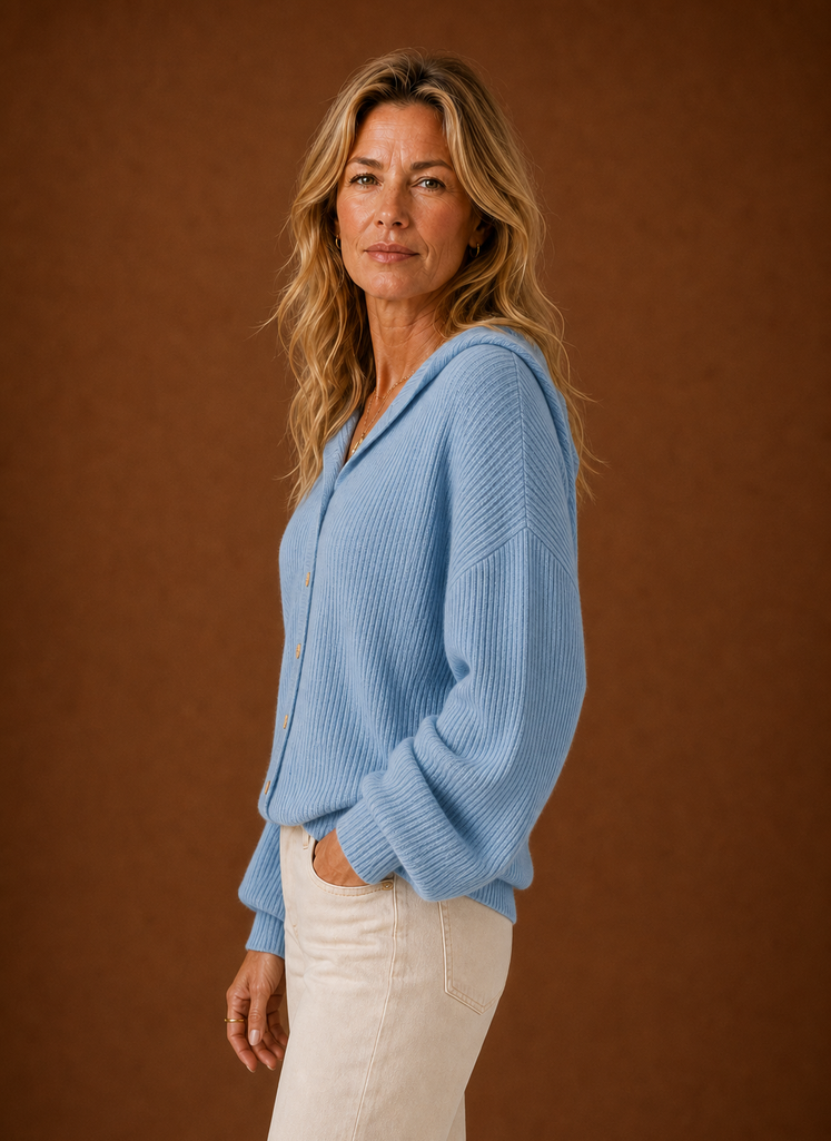 Women's Ribbed Knit Hooded Cardigan with Button Front and Long Sleeves