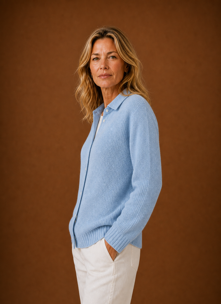 Women's Button Front Knit Cardigan with Collared Neck and Ribbed Trim