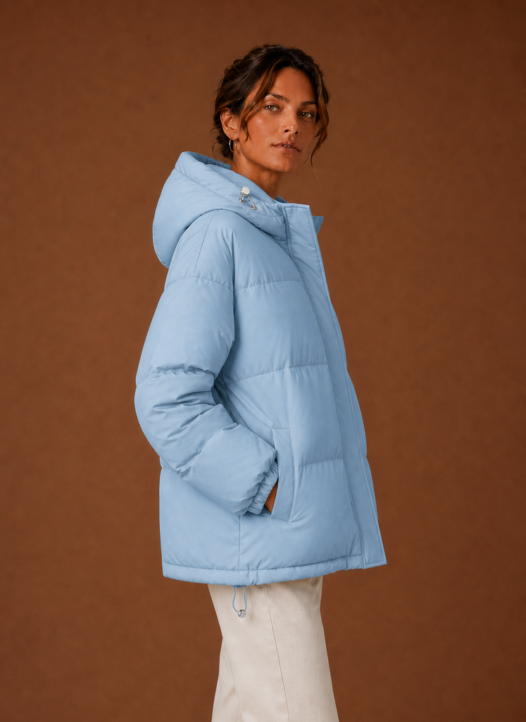 Women's Hooded Puffer Jacket with Snap Button Front and Pockets