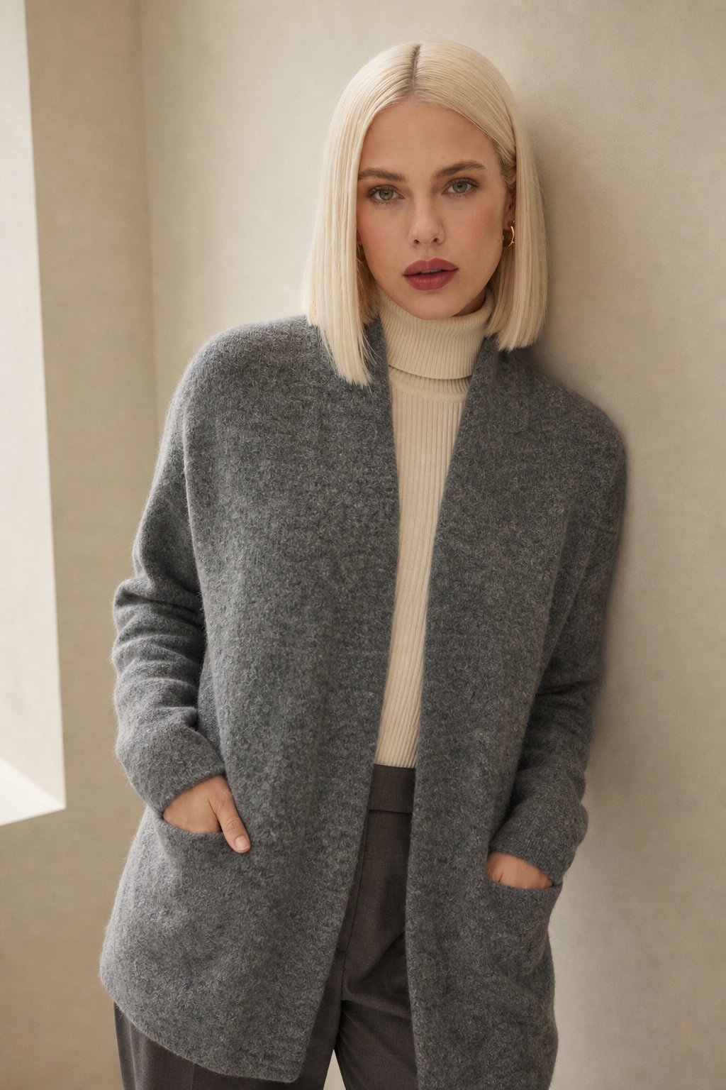 Women's Open Front Knit Cardigan with Pockets and Long Sleeves