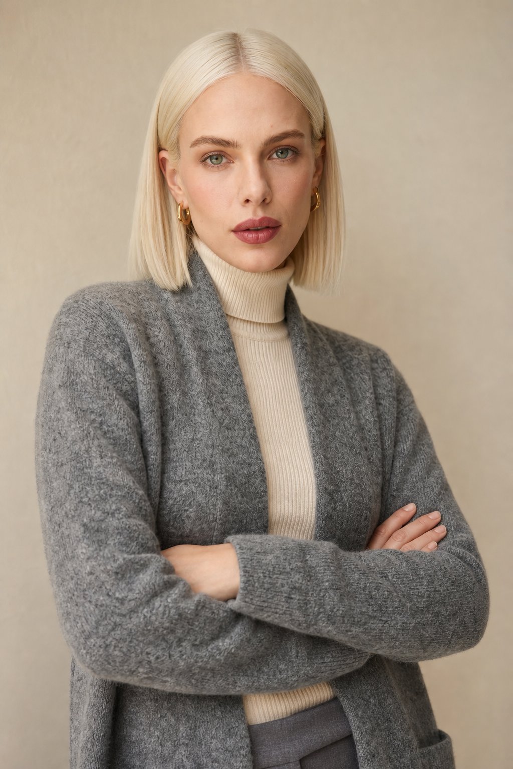 Women's Open Front Knit Cardigan with Pockets and Long Sleeves