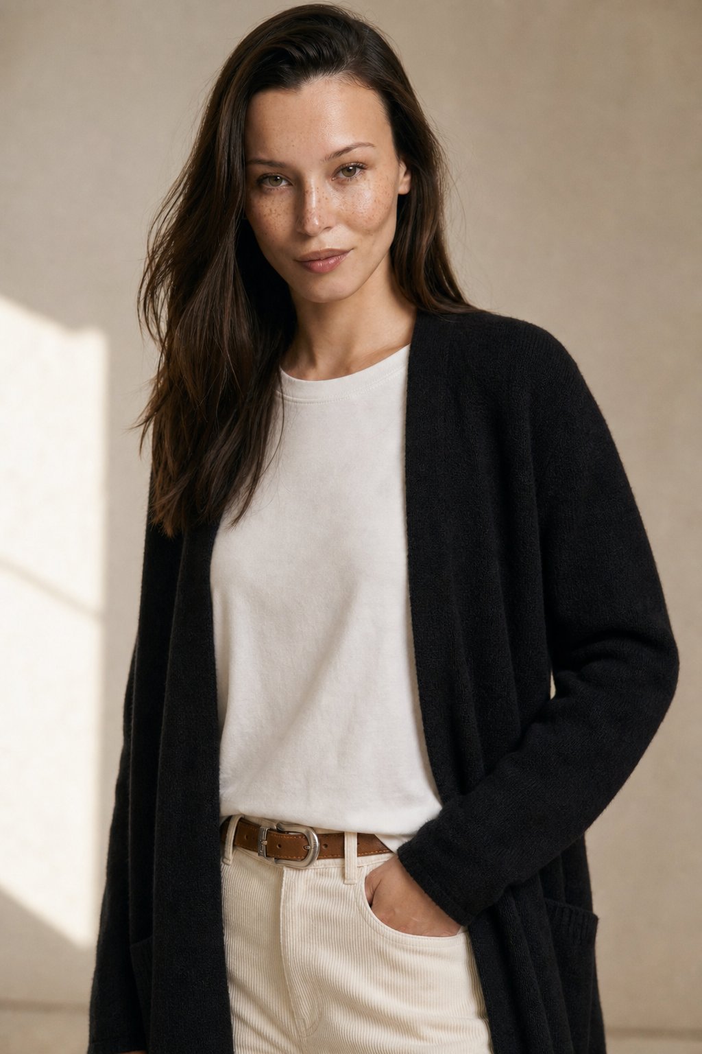 Women's Open Front Knit Cardigan with Pockets and Long Sleeves