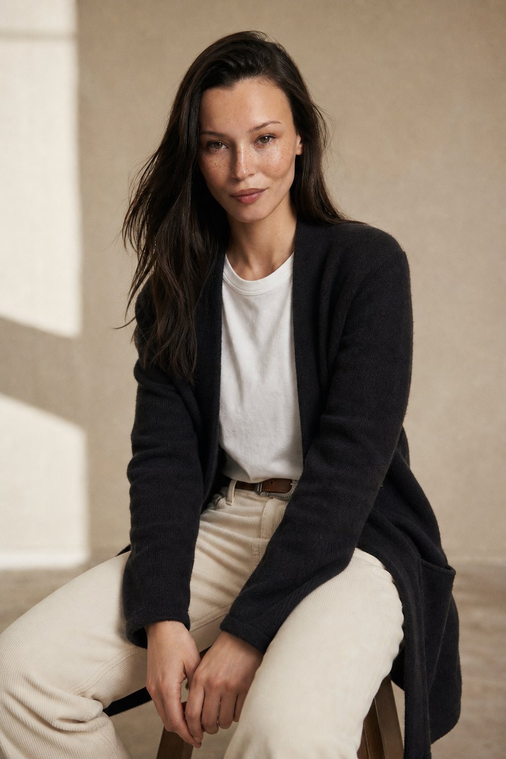 Women's Open Front Knit Cardigan with Pockets and Long Sleeves