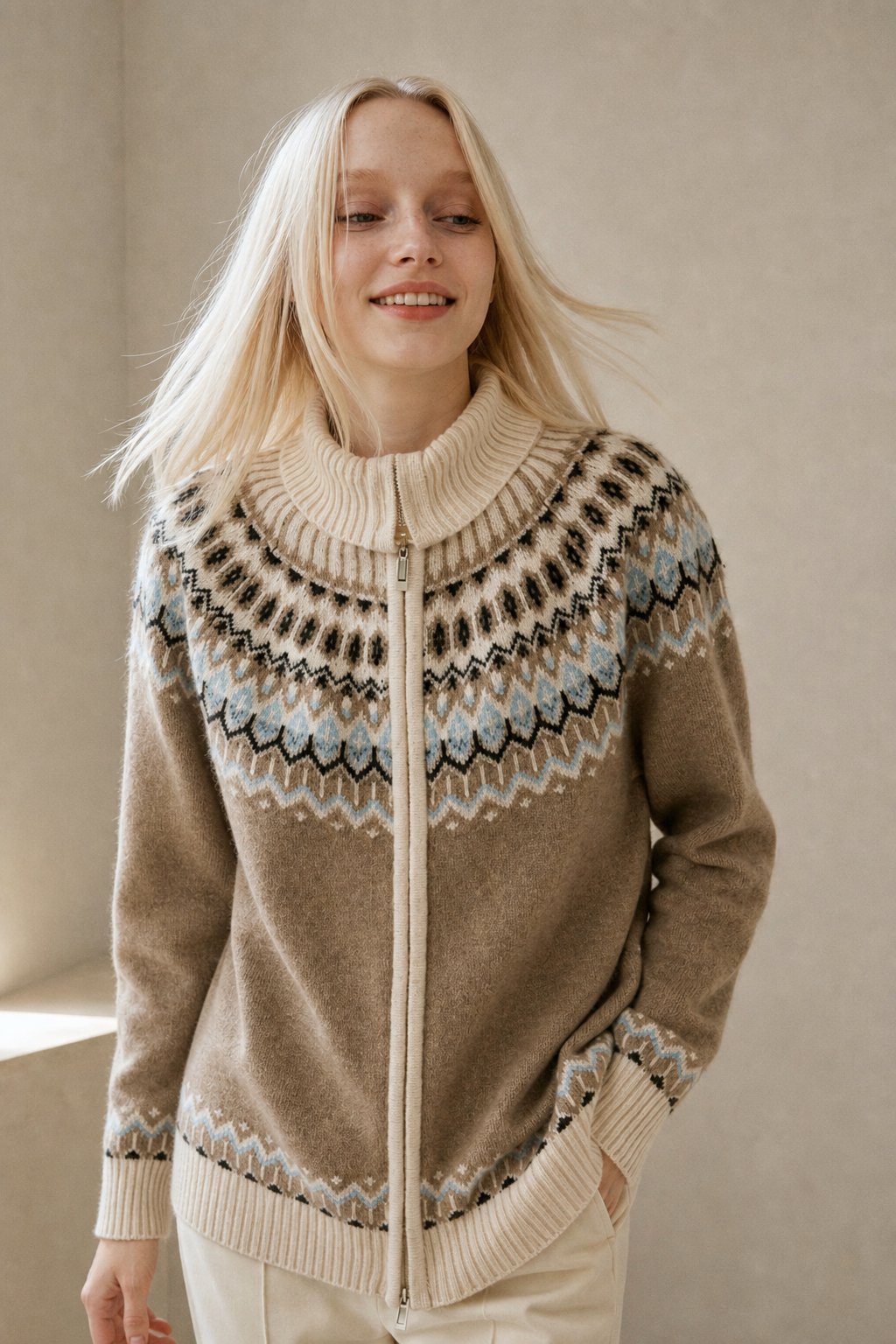Women's Cashmere Zip Up Cardigan with Fair Isle Pattern and Ribbed Trim