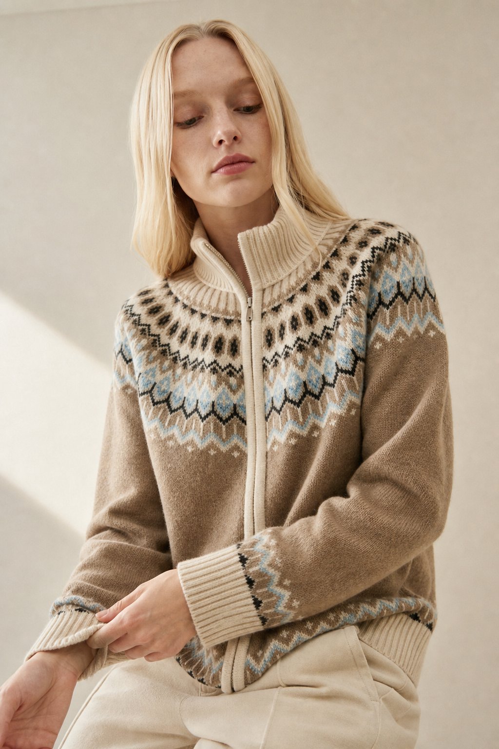 Women's Cashmere Zip Up Cardigan with Fair Isle Pattern and Ribbed Trim