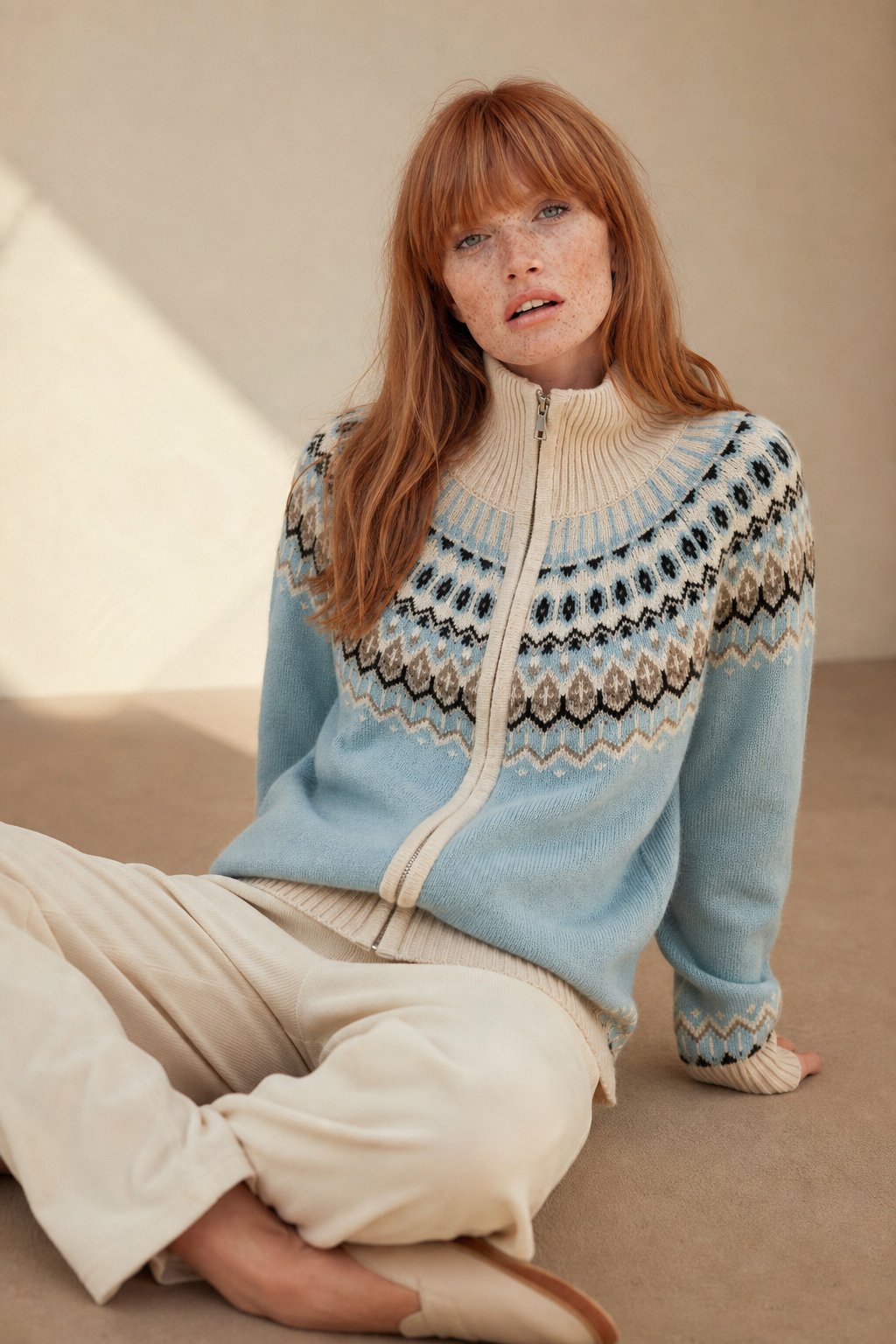 Women's Cashmere Zip Up Cardigan with Fair Isle Pattern and Ribbed Trim