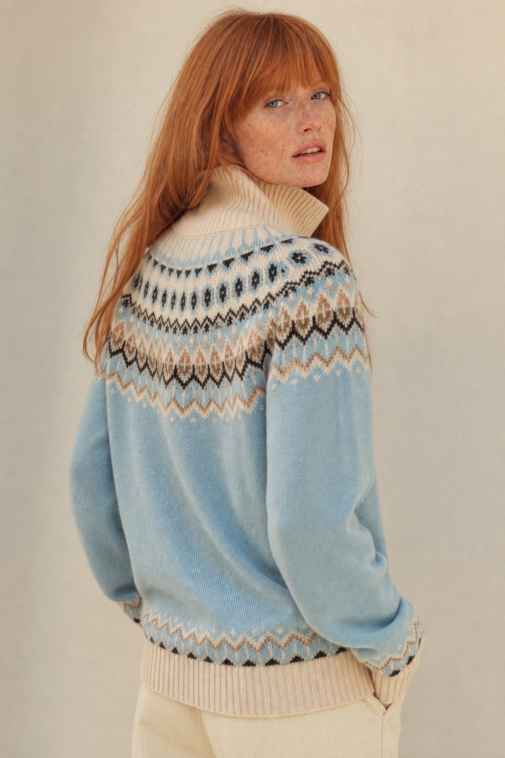 Women's Cashmere Zip Up Cardigan with Fair Isle Pattern and Ribbed Trim