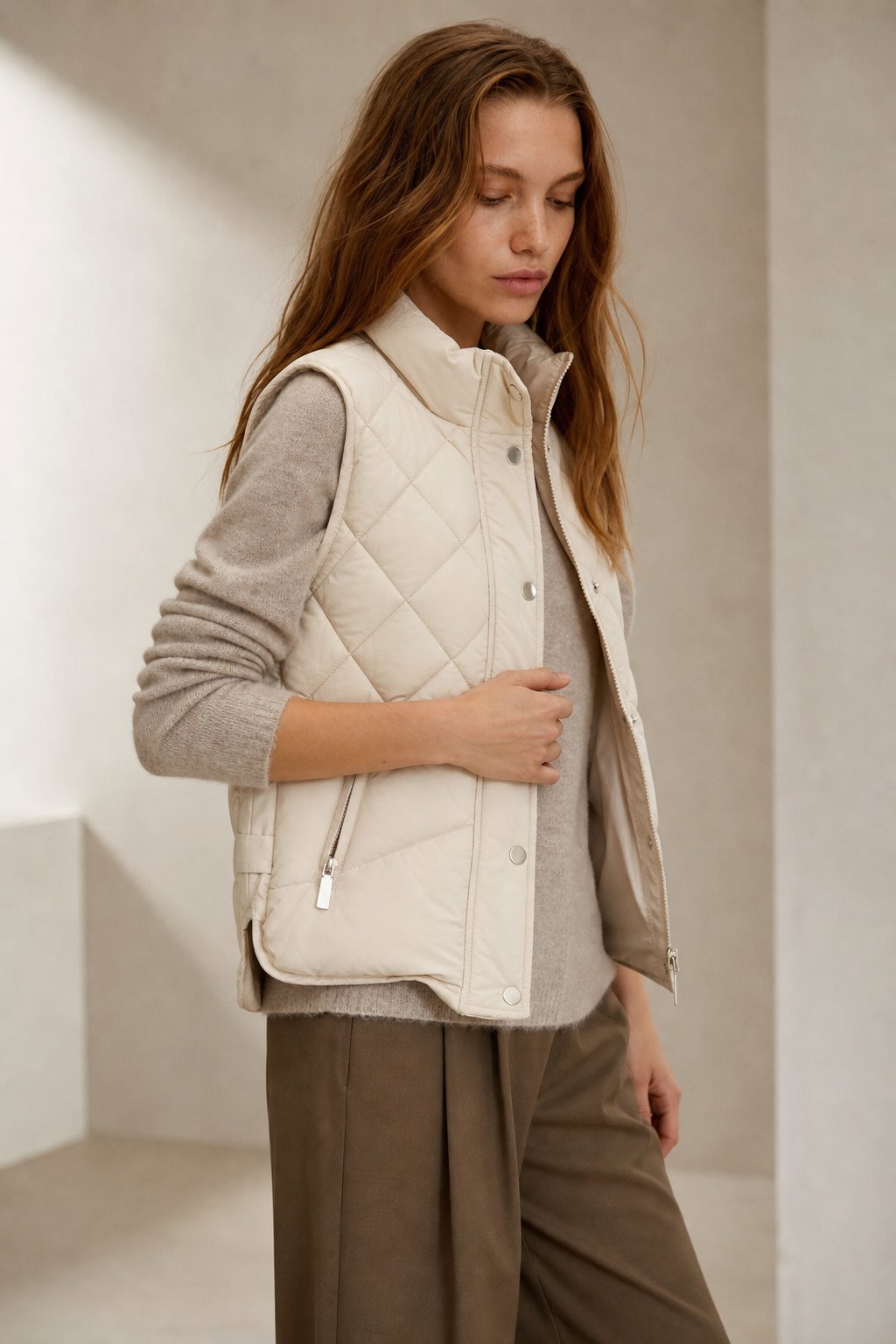 Women's Quilted Puffer Vest with Snap Button Front and Pockets