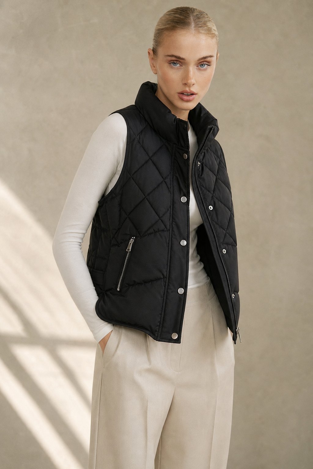 Women's Quilted Puffer Vest with Snap Button Front and Pockets