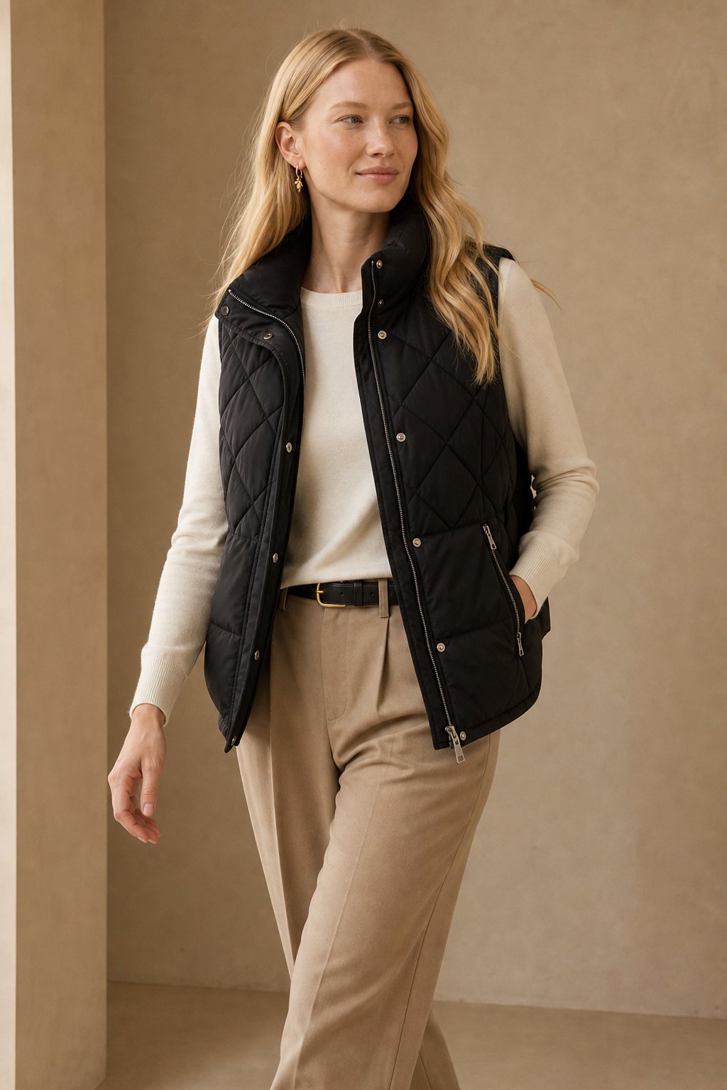 Women's Quilted Puffer Vest with Snap Button Front and Pockets