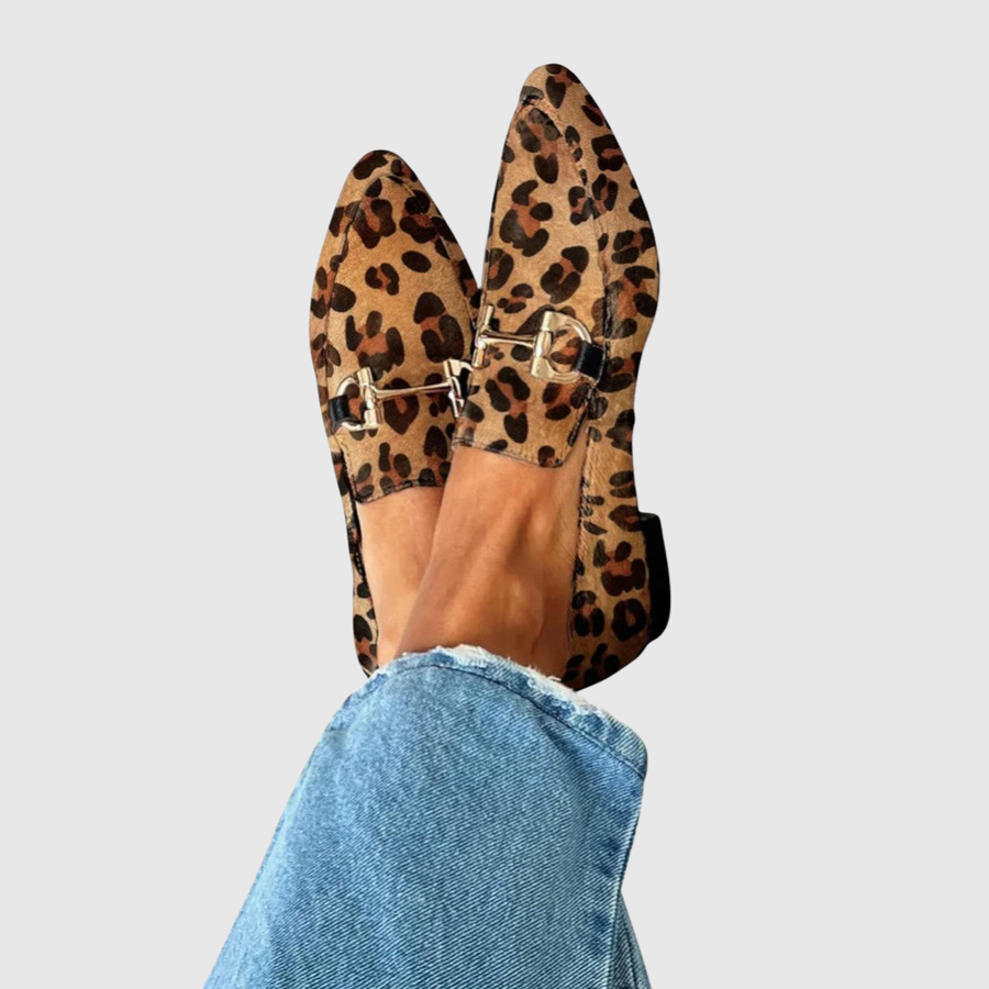 Women's Leopard Print Pointed Toe Loafers with Silver Buckle Detail