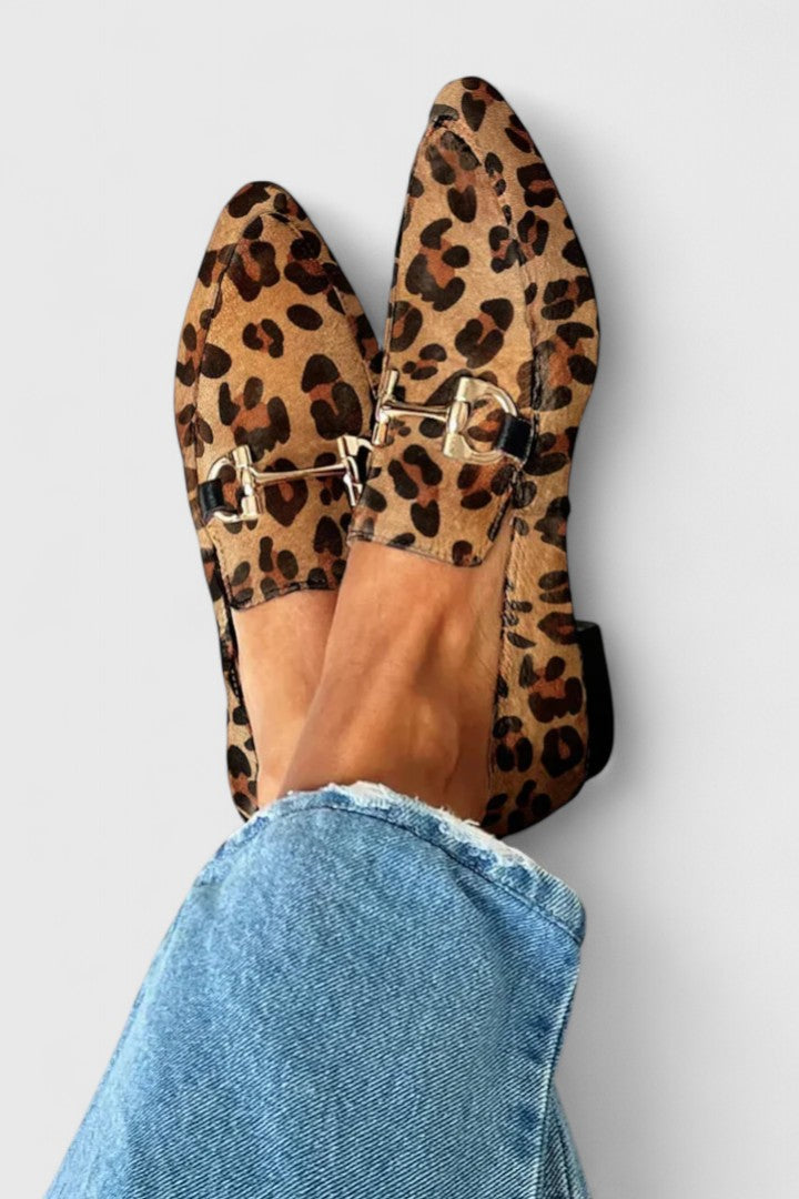 Women's Leopard Print Pointed Toe Loafers with Silver Buckle Detail