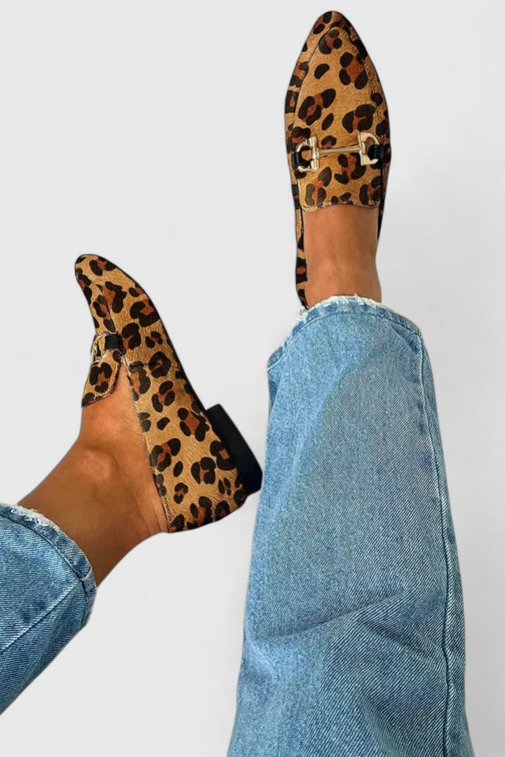 Women's Leopard Print Pointed Toe Loafers with Silver Buckle Detail