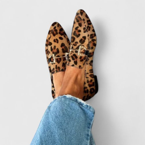 Women's Leopard Print Pointed Toe Loafers with Silver Buckle Detail