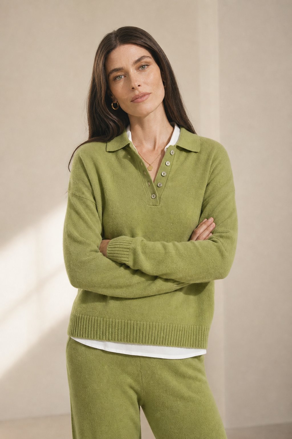 Women's Cashmere Polo Sweater and Pants Set with Button Neck