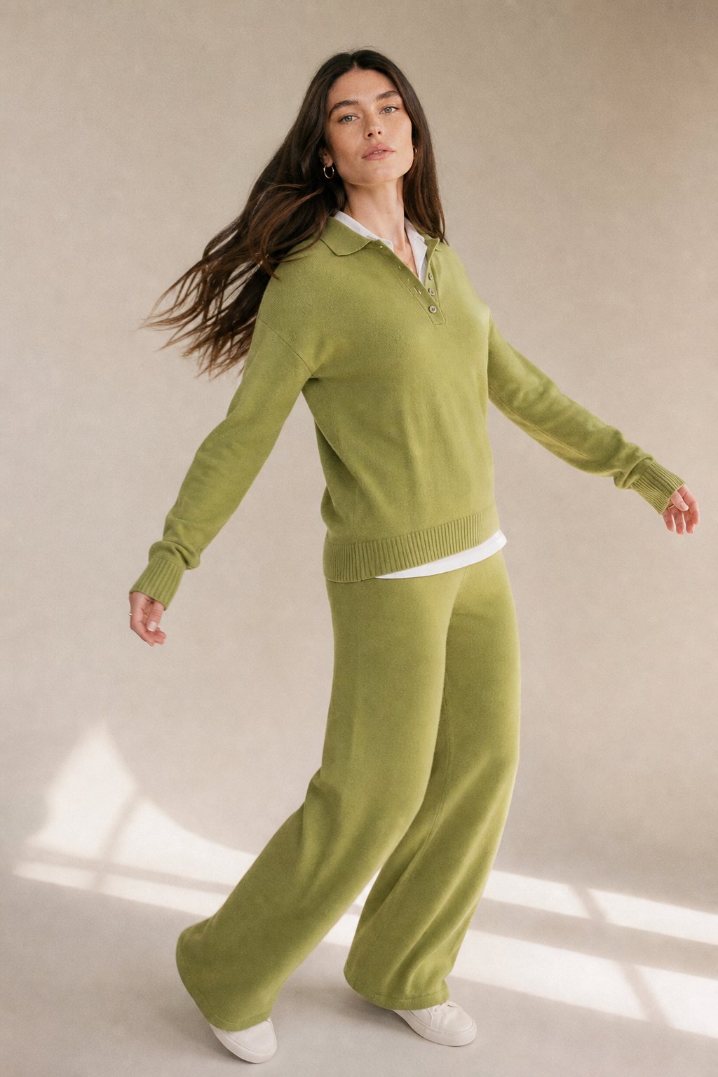 Women's Cashmere Polo Sweater and Pants Set with Button Neck