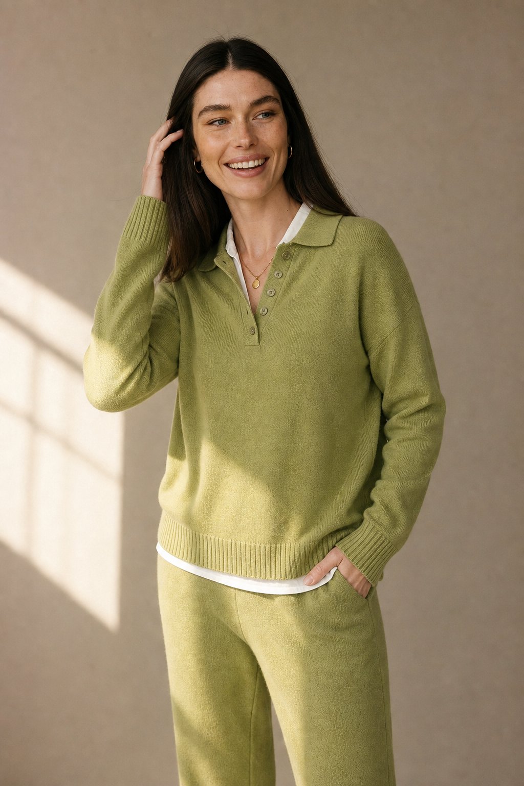 Women's Cashmere Polo Sweater and Pants Set with Button Neck