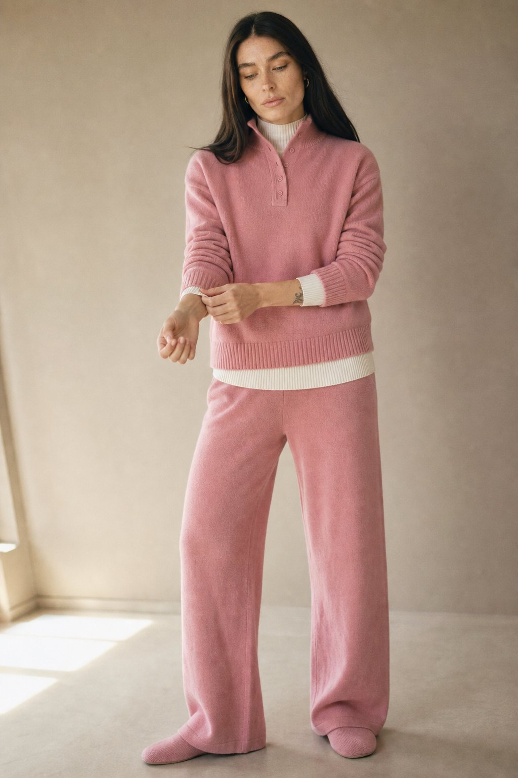 Women's Cashmere Polo Sweater and Pants Set with Button Neck