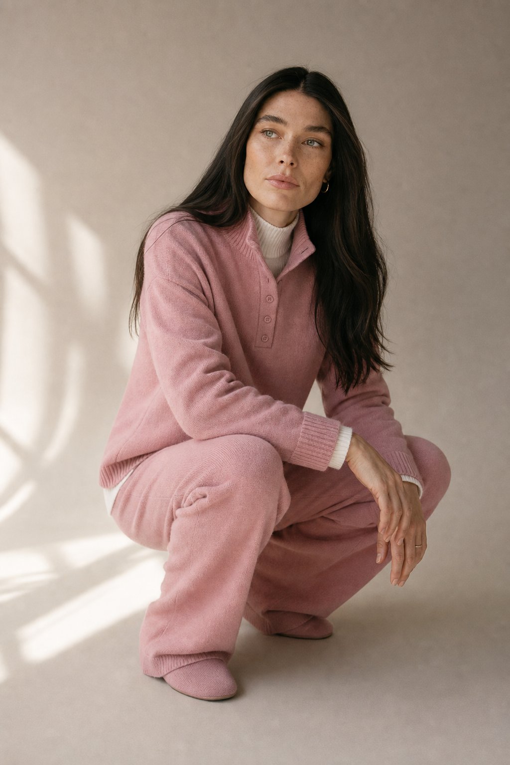 Women's Cashmere Polo Sweater and Pants Set with Button Neck