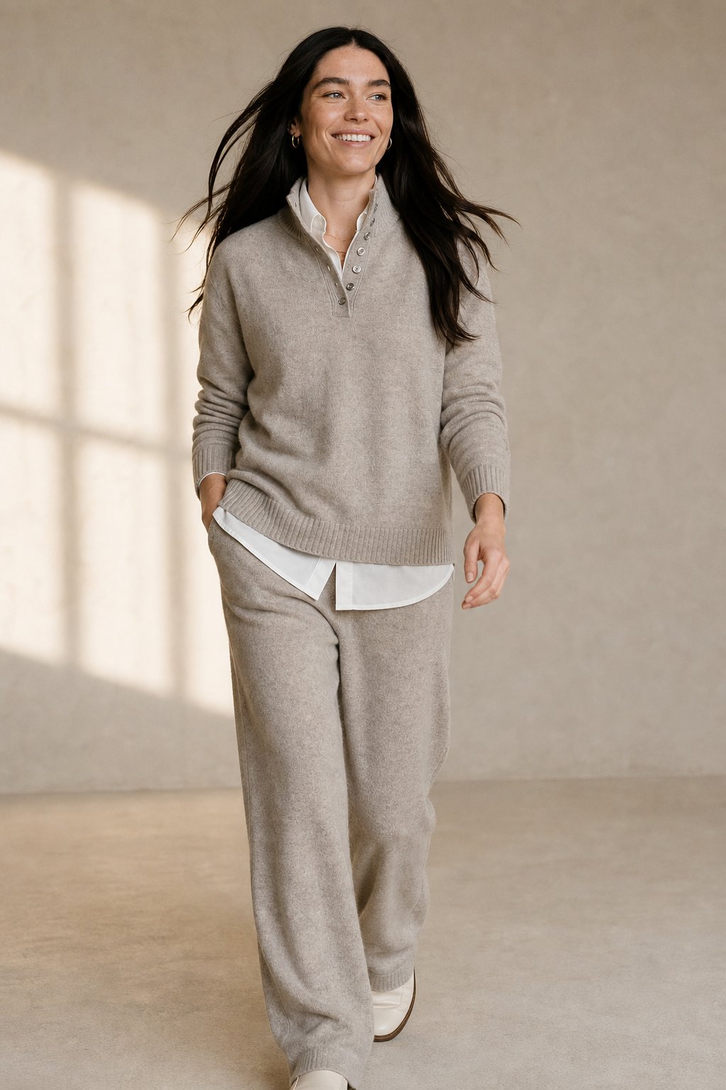 Women's Cashmere Polo Sweater and Pants Set with Button Neck