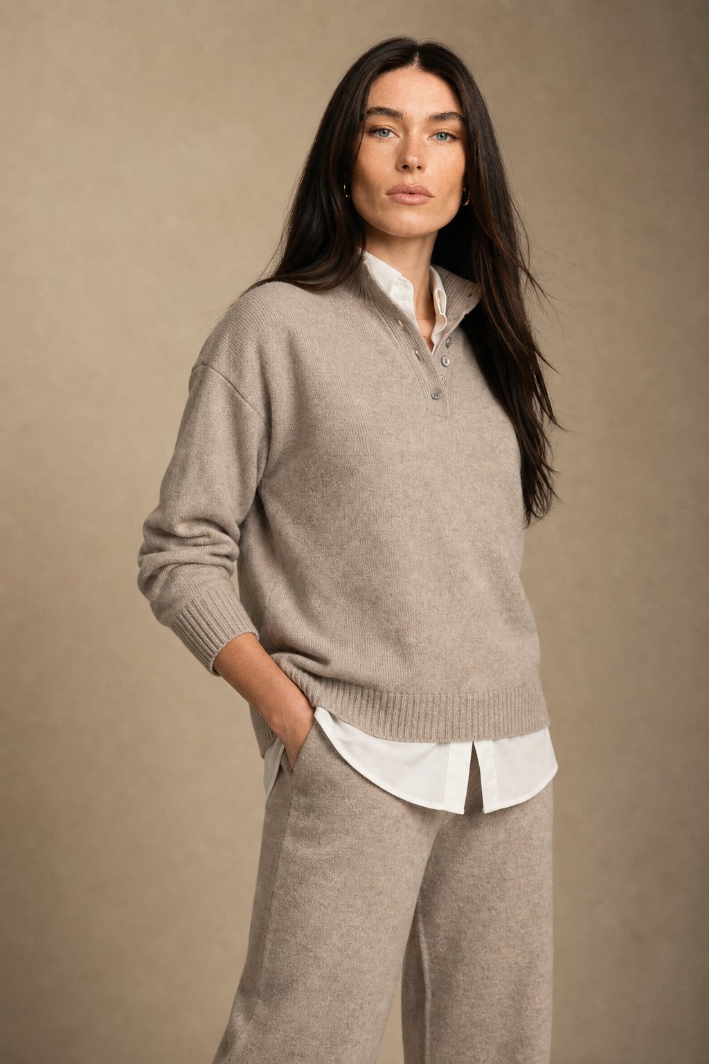 Women's Cashmere Polo Sweater and Pants Set with Button Neck