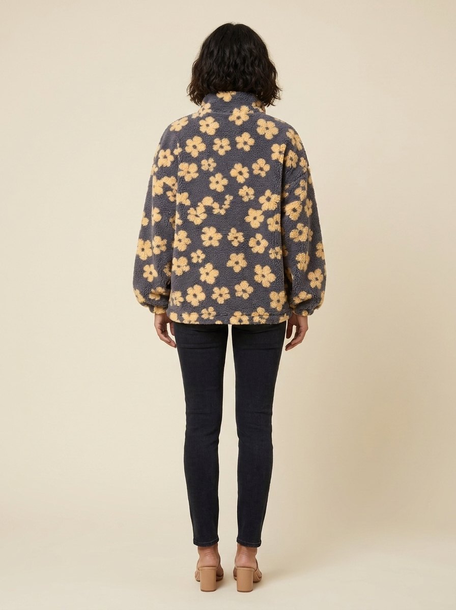 Women's Oversize Fleece Jumper with Floral Pattern, High Neck and Half-Zip
