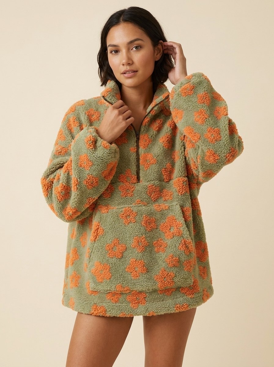 Women's Oversize Fleece Jumper with Floral Pattern, High Neck and Half-Zip