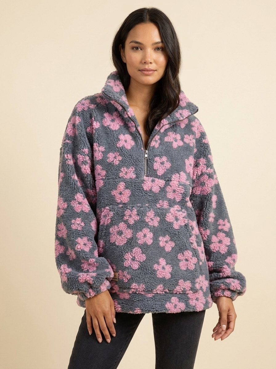 Women's Oversize Fleece Jumper with Floral Pattern, High Neck and Half-Zip