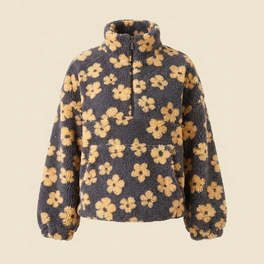 Women's Oversize Fleece Jumper with Floral Pattern, High Neck and Half-Zip