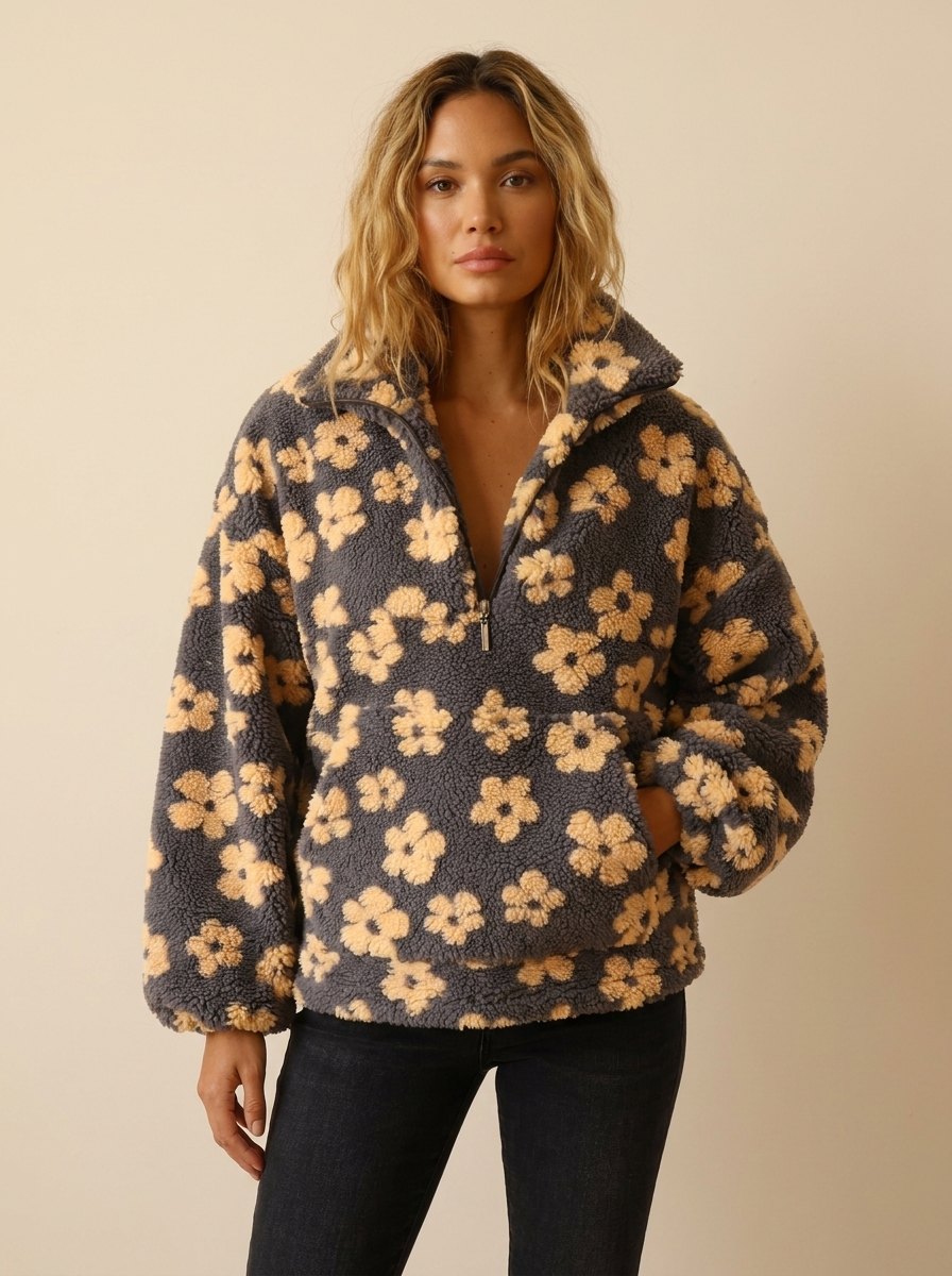 Women's Oversize Fleece Jumper with Floral Pattern, High Neck and Half-Zip