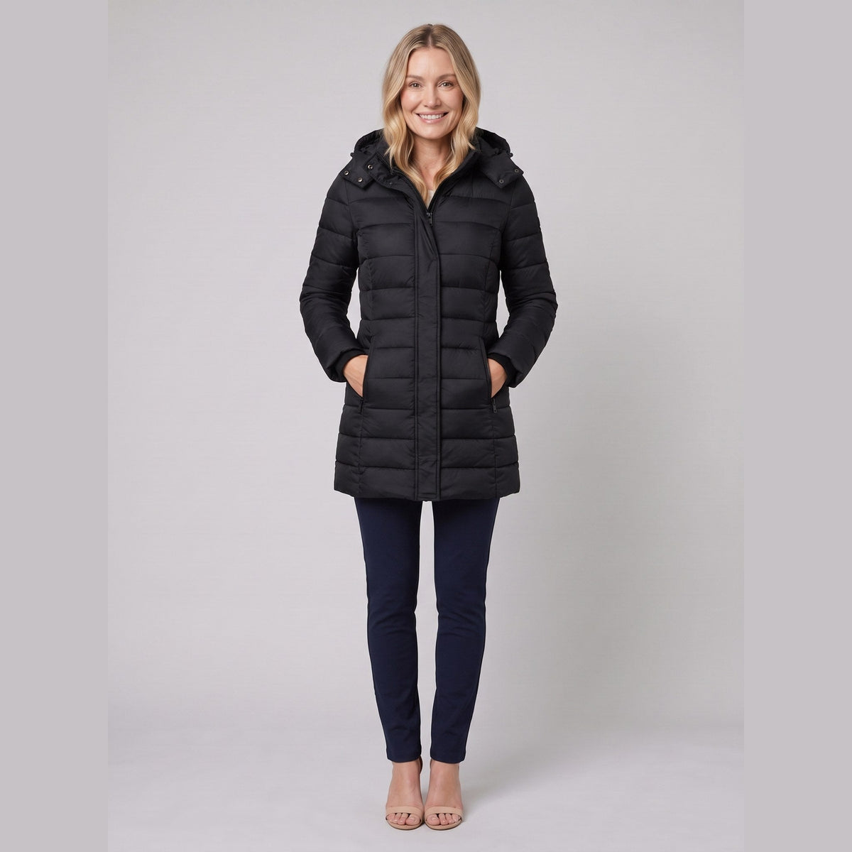 Women's Lightweight Mid-Length Puffer Jacket with Hood, Zip Closure and Pockets
