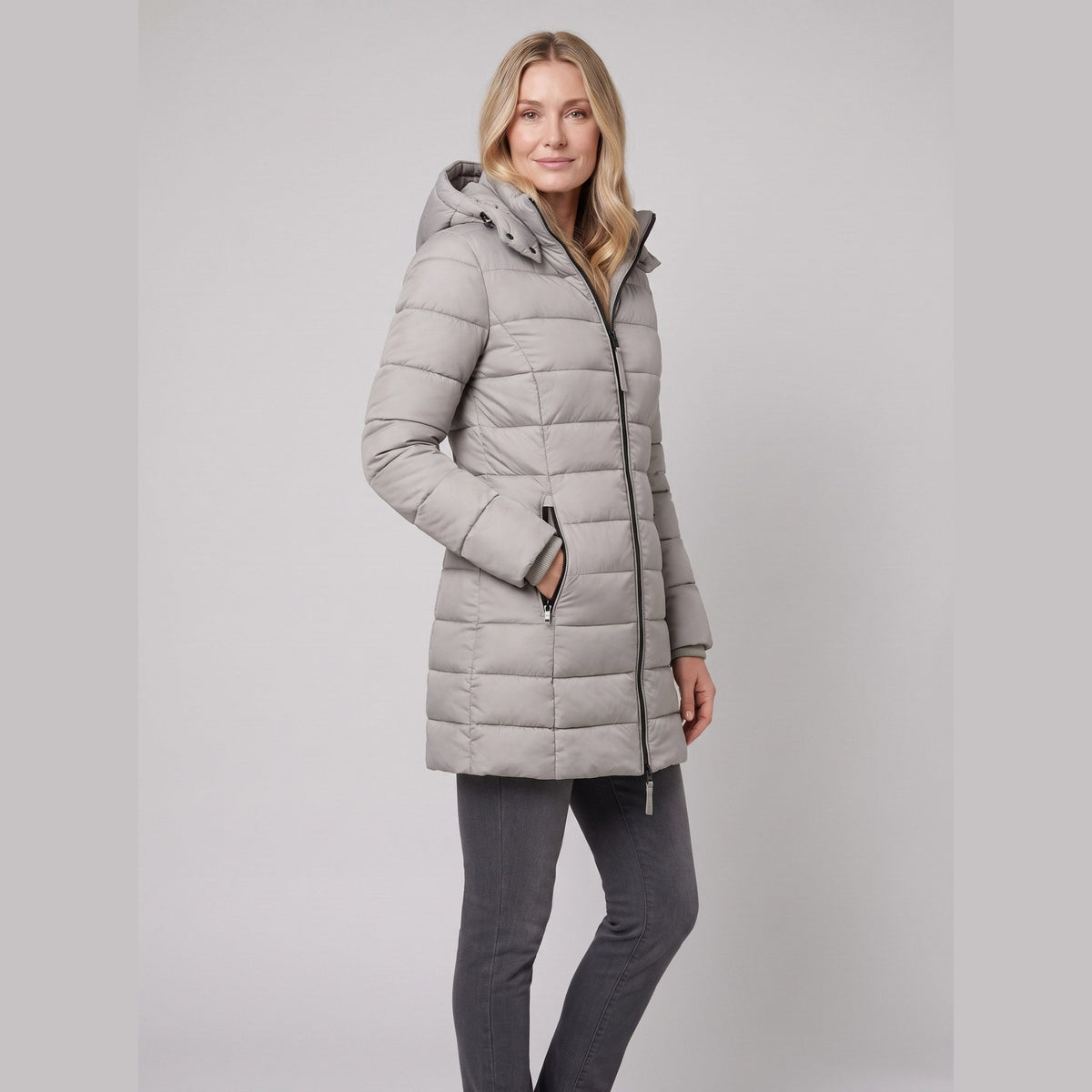 Women's Lightweight Mid-Length Puffer Jacket with Hood, Zip Closure and Pockets