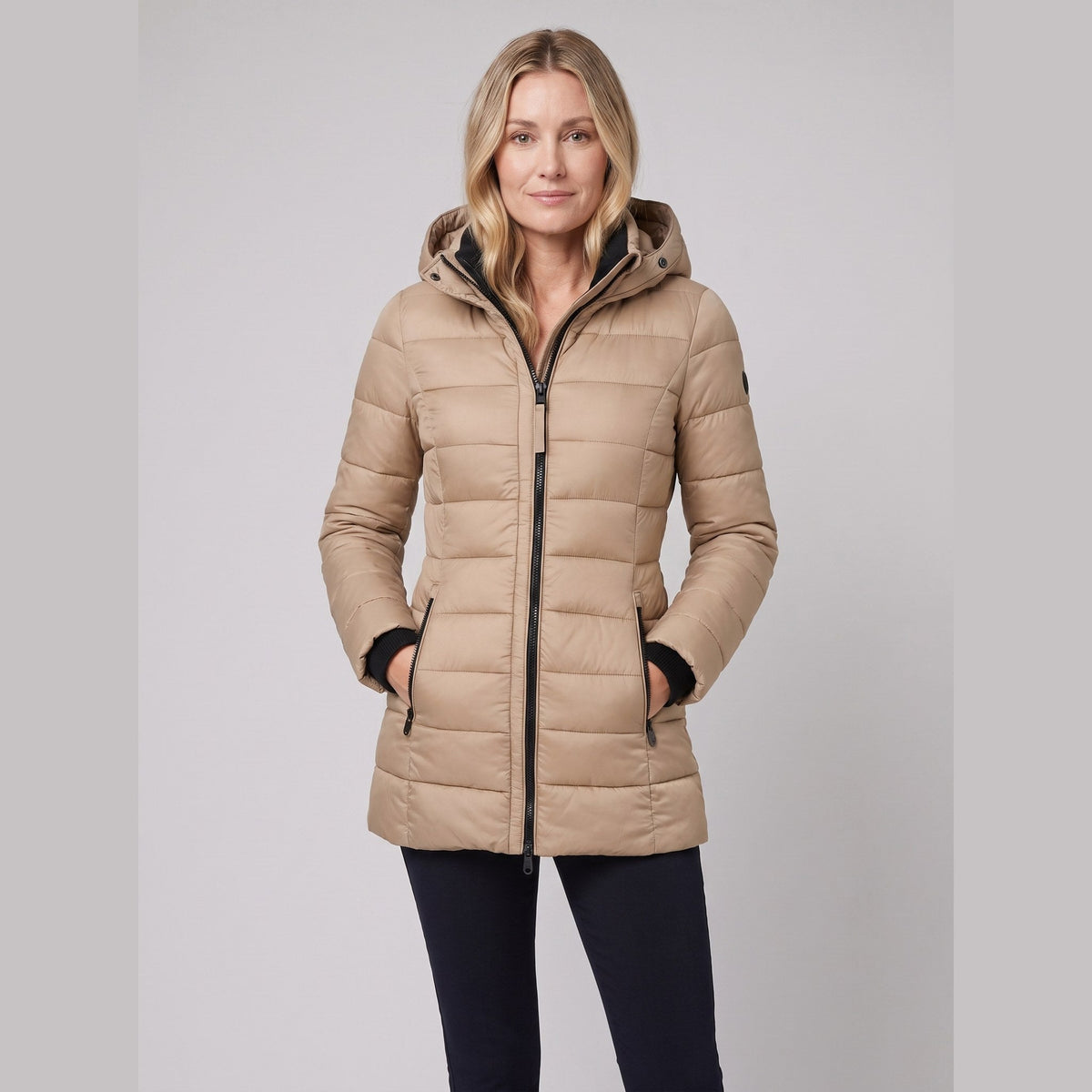 Women's Lightweight Mid-Length Puffer Jacket with Hood, Zip Closure and Pockets