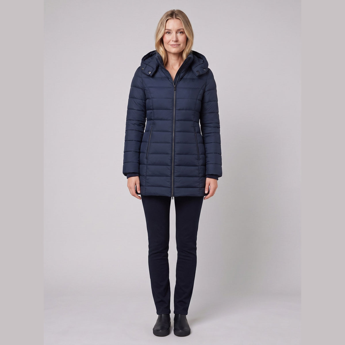 Women's Lightweight Mid-Length Puffer Jacket with Hood, Zip Closure and Pockets