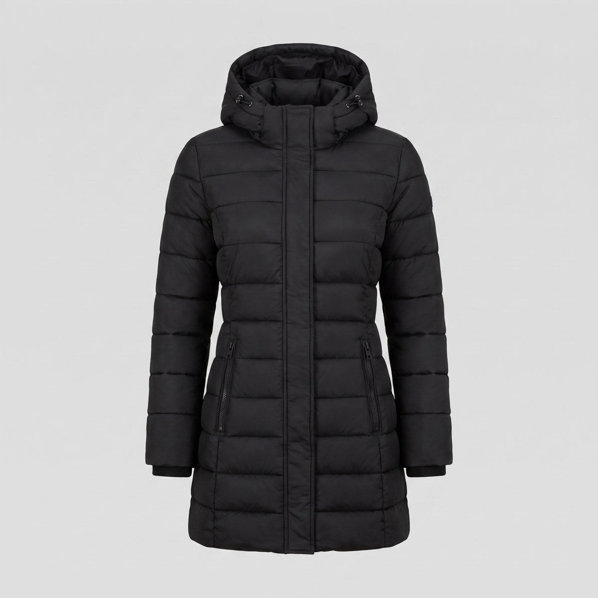 Women's Lightweight Mid-Length Puffer Jacket with Hood, Zip Closure and Pockets