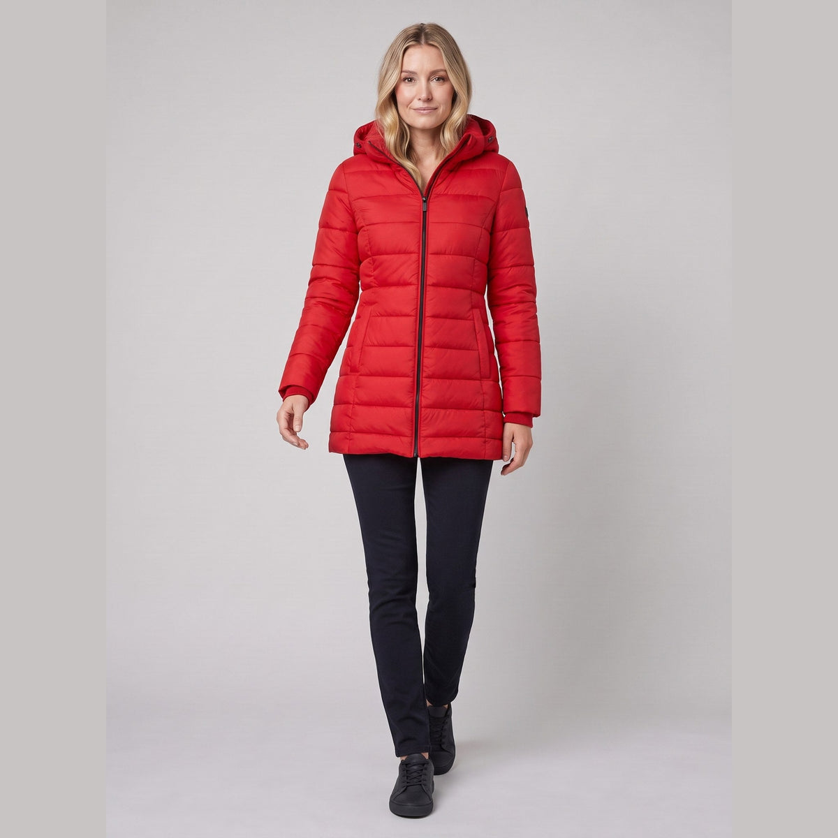 Women's Lightweight Mid-Length Puffer Jacket with Hood, Zip Closure and Pockets