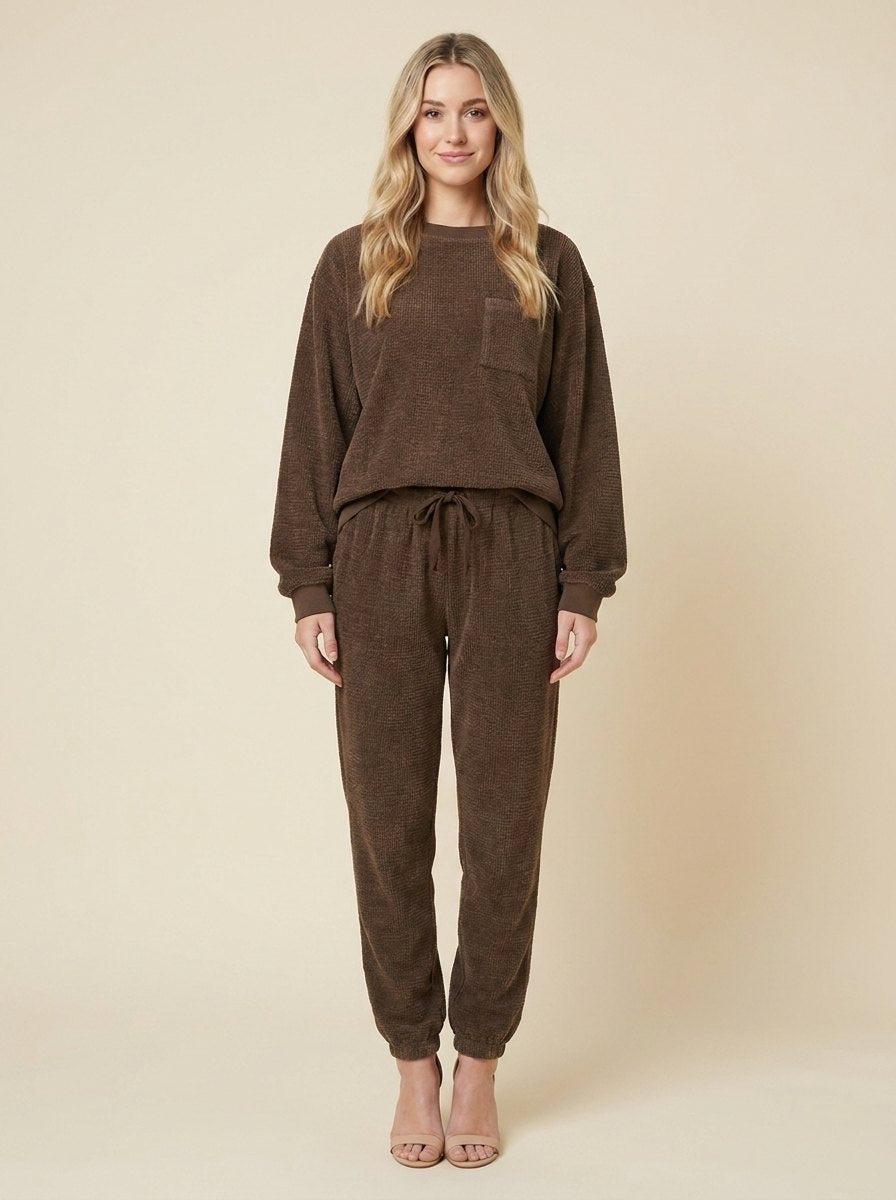 Women's Two-Piece Corduroy Set, Round-Neck Top and Trousers