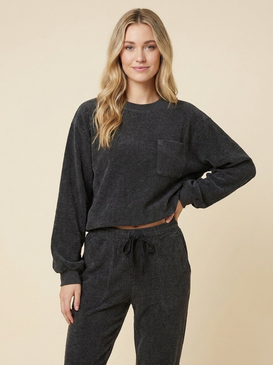 Women's Two-Piece Corduroy Set, Round-Neck Top and Trousers