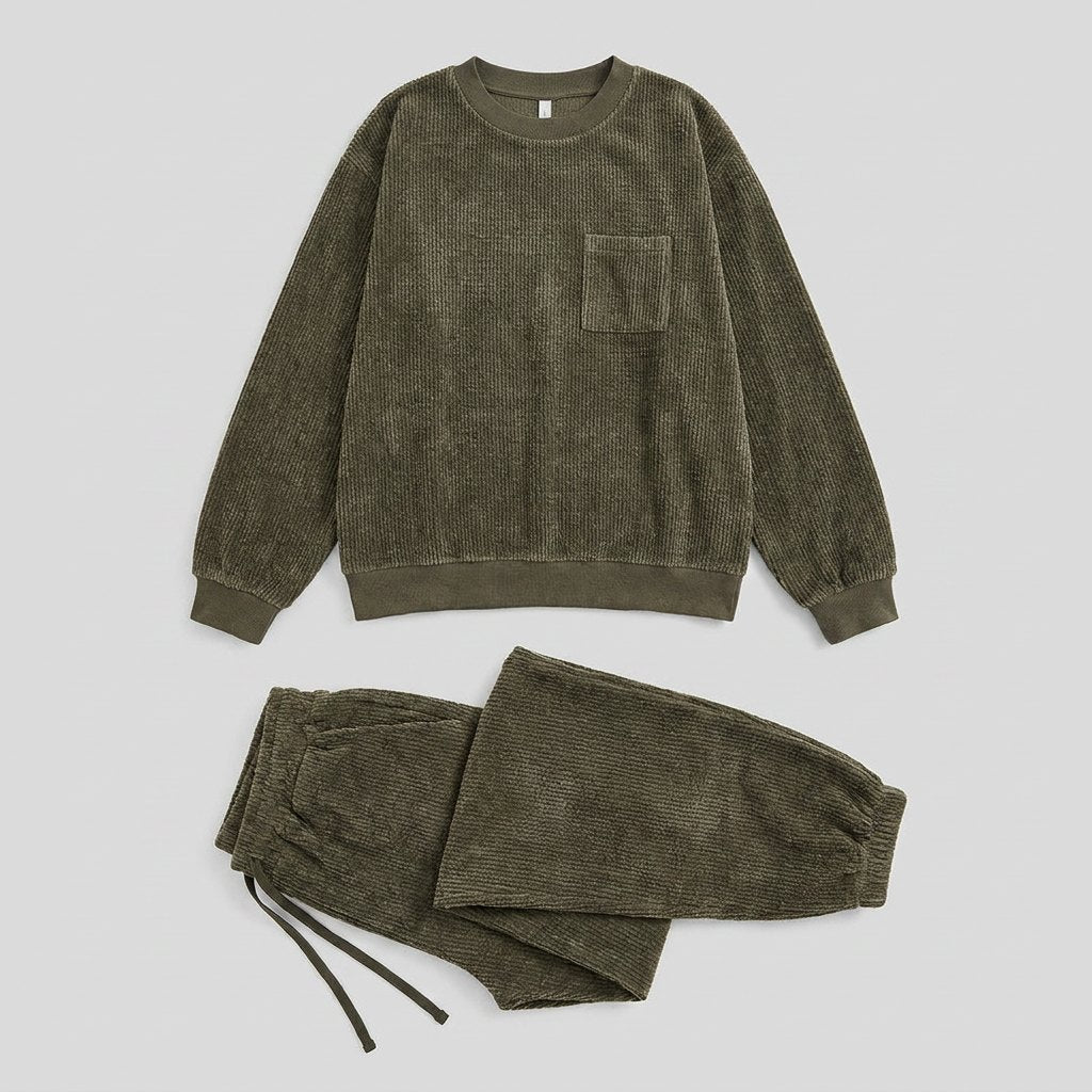 Women's Two-Piece Corduroy Set, Round-Neck Top and Trousers